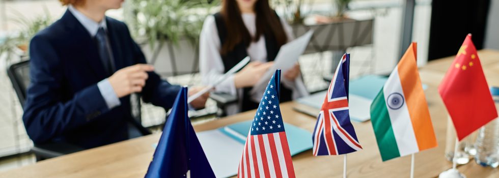 Teenagers participate in a UN Model simulation with flags representing various countries.