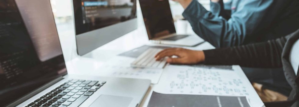 Developing programmer Team Development Website design and coding technologies working in software company office